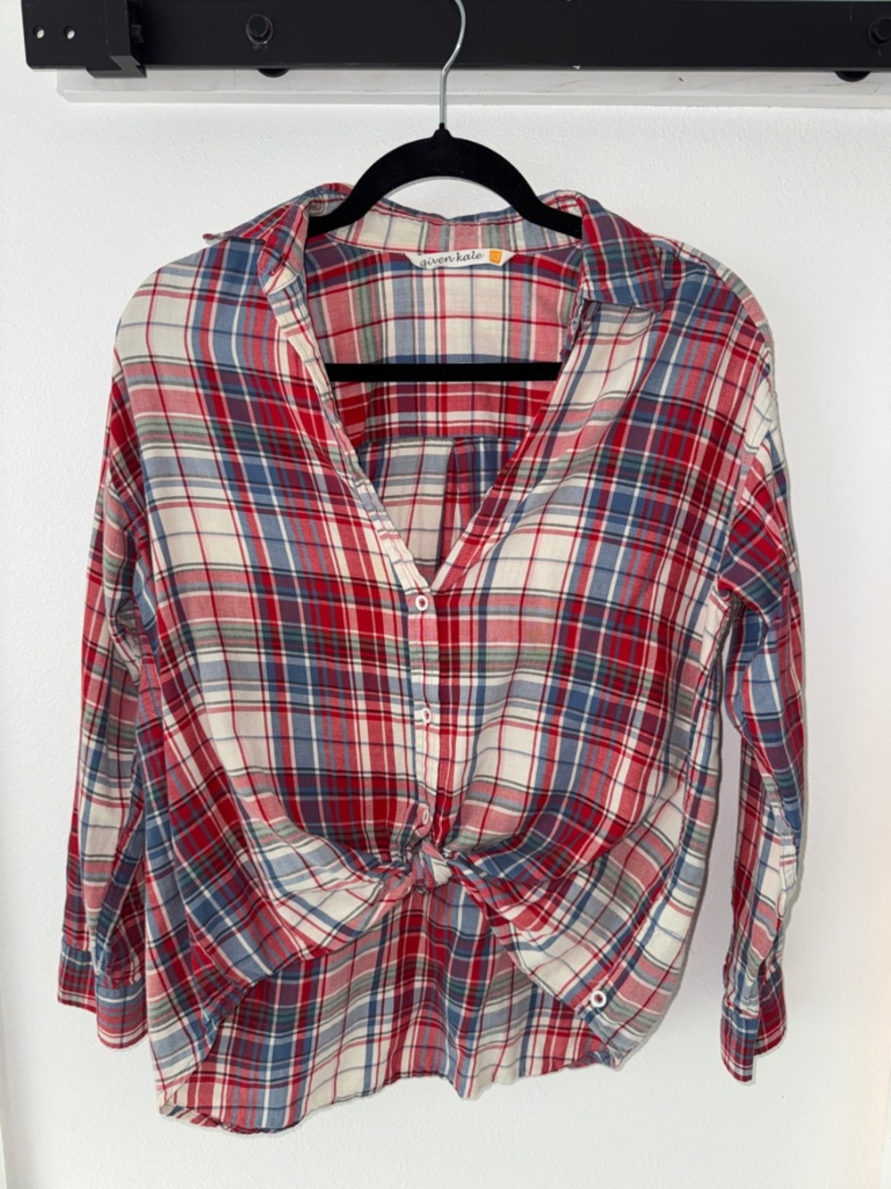 Given Kale Red Blue Plaid Button-Front Tie Waist Shirt